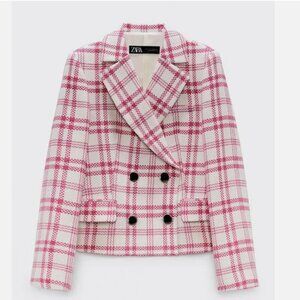 ZARA Textured Plaid Blazer Jacket Coat Pink White Double Breast Size M NWT